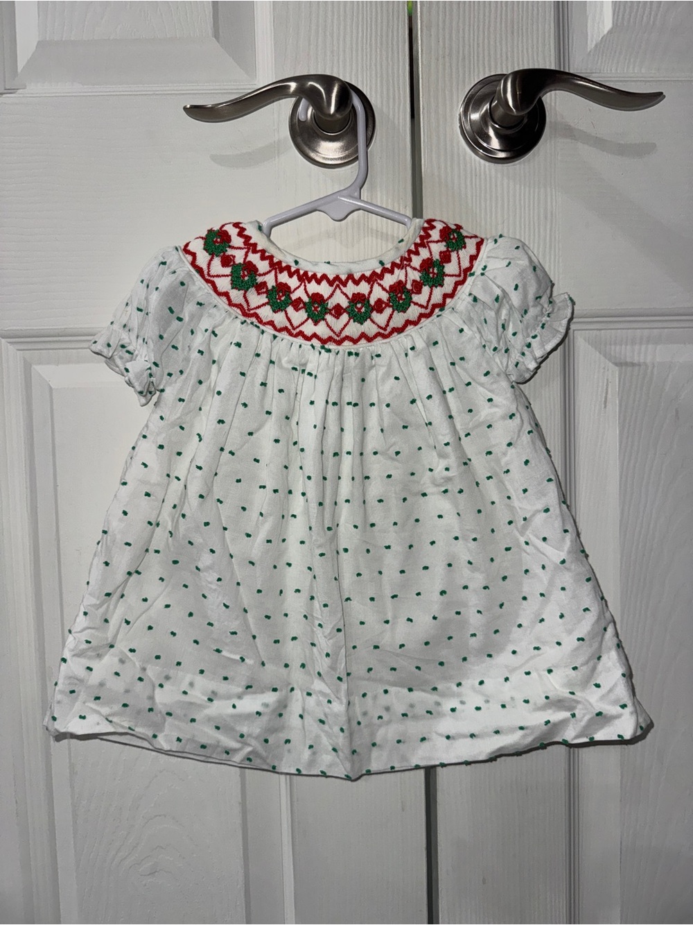 Smocked Holiday White & Green Kids Dress